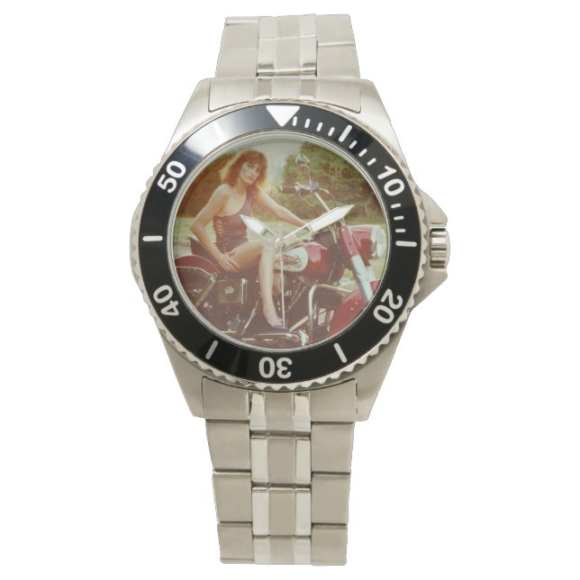 Reloj De Pulsera Chica Clásico De Pinup En Motocicleta (Anverso)
