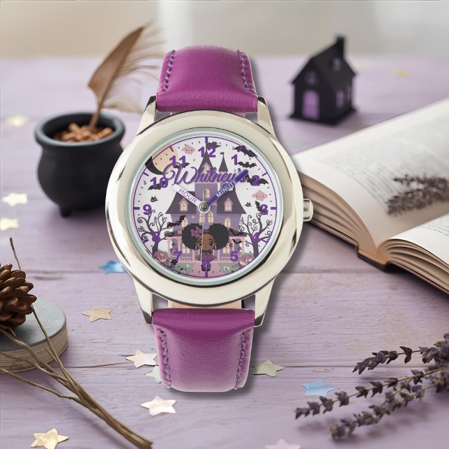 Reloj De Pulsera Chica espeluznante con afro puff morado (Spooky Girl Purple afro puff Watch)