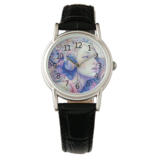Reloj De Pulsera Chica lindo con audífono música arte moderno | (Anverso)