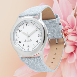 Reloj De Pulsera Chica personalizado Nombre Purpurina gris Correa N