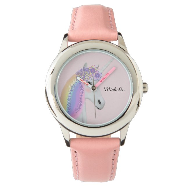 Reloj De Pulsera Chica rosa pastel de unicornio arcoiris personaliz (Anverso)