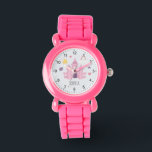 Reloj De Pulsera Chicas: Castillo Princesa Rosa y niños herederos<br><div class="desc">Este adorable diseño de observación infantil presenta un castillo de princesa rosa,  corona,  estrellas,  corazones y flores,  y puede ser personalizado con el nombre de sus chicas. ¡El regalo mágico rosa perfecto para tu príncipe o hijo amante de la princesa!</div>