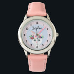 Reloj De Pulsera Chicas cortan a Personalizado de gatos florales y<br><div class="desc">Este lindo reloj de niños de niñas presenta un hermoso gato pintado a mano con una flor corona. Este diseño de acuarela floral también ofrece un lugar para añadir el nombre de su chica. ¡Perfecto para el primer reloj de cualquier niño!</div>