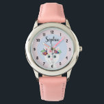 Reloj De Pulsera Chicas cortan a Personalizado de gatos florales y<br><div class="desc">Este lindo reloj de niños de niñas presenta un hermoso gato pintado a mano con una flor corona. Este diseño de acuarela floral también ofrece un lugar para añadir el nombre de su chica. ¡Perfecto para el primer reloj de cualquier niño!</div>