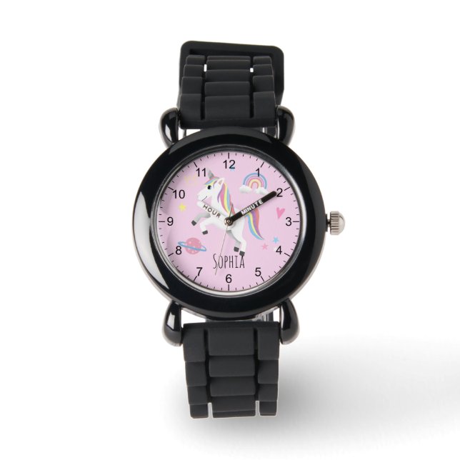 Reloj De Pulsera Chicas cortan arcoiris de unicornio rosa y nombran (Anverso)