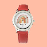 Reloj De Pulsera Chicas cortan el arcoiris y el nombre de la acuare<br><div class="desc">Presentamos nuestro encantador Observatorio personalizado de color arcoiris Boho para niños, un precioso reloj diseñado con tu pequeño en mente. Este reloj capta el capricho y la magia de la niñez con su vibrante diseño de acuarela arcoiris boho. El dial del reloj presenta un cautivador arco iris acuático, adornado con...</div>