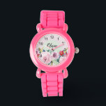 Reloj De Pulsera Chicas cortan flores botánicas rosas y nombran niñ<br><div class="desc">Este lindo y jovial diseño de reloj de niños con flores de color rosa lindo y números claros,  y tiene espacio para que escribas el nombre de tus chicas con una fuente elegante. El regalo botánico vintage perfecto para tu pequeño.</div>