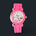 Reloj De Pulsera Chicas cortan flores botánicas rosas y nombran niñ<br><div class="desc">Este lindo y jovial diseño de reloj de niños con flores de color rosa lindo y números claros,  y tiene espacio para que escribas el nombre de tus chicas con una fuente elegante. El regalo botánico vintage perfecto para tu pequeño.</div>