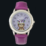 Reloj De Pulsera Chicas Cortan Flores de color de agua eslovacas y<br><div class="desc">Este moderno reloj de pulsera infantil presenta una hermosa personalizado de pereza pintada a mano con una hermosa corona de flores en el pelo, sobre un bonito fondo morado. Este reloj de pereza de acuarela floral también ofrece un lugar para añadir el nombre de su chica en una tipografía elegante....</div>