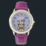 Reloj De Pulsera Chicas Cortan Flores de color de agua eslovacas y<br><div class="desc">Este moderno reloj de pulsera infantil presenta una hermosa personalizado de pereza pintada a mano con una hermosa corona de flores en el pelo, sobre un bonito fondo morado. Este reloj de pereza de acuarela floral también ofrece un lugar para añadir el nombre de su chica en una tipografía elegante....</div>