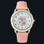 Reloj De Pulsera Chicas cortan flores de color floral y nombran a n<br><div class="desc">Este elegante y moderno diseño de reloj floral para niños cuenta con bonitas flores de acuarela y tiene espacio para que escribas el nombre de tus chicas en una letra escrita a mano. El lindo regalo rosa perfecto para tu pequeño.</div>