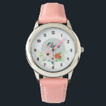 Reloj De Pulsera Chicas cortan flores de color floral y nombran a n<br><div class="desc">Este elegante y moderno diseño de reloj floral para niños cuenta con bonitas flores de acuarela y tiene espacio para que escribas el nombre de tus chicas en una letra escrita a mano. El lindo regalo rosa perfecto para tu pequeño.</div>