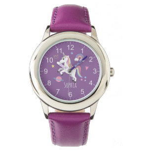Reloj De Pulsera Chicas cortan morado arco iris de unicornio y nomb