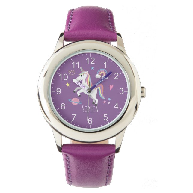 Reloj De Pulsera Chicas cortan morado arco iris de unicornio y nomb (Anverso)