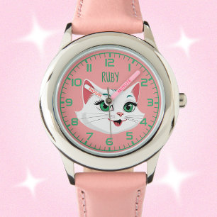 Reloj De Pulsera Chicas Cortan Nombre Gato Gato Gatito Monta Rosa B