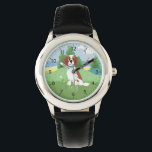 Reloj De Pulsera Chicas cortan Springer español perro con nombres d<br><div class="desc">Este lindo reloj azul y moderno para niños cuenta con un adorable personalizado de perritos perrito espaniel con colinas y una playa en el fondo, y tiene espacio para añadir el nombre de sus chicas. Con números claros y fácilmente legibles, este 'primer' reloj es genial para niños o niños recién...</div>