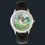 Reloj De Pulsera Chicas cortan Springer español perro con nombres d<br><div class="desc">Este lindo reloj azul y moderno para niños cuenta con un adorable personalizado de perritos perrito espaniel con colinas y una playa en el fondo, y tiene espacio para añadir el nombre de sus chicas. Con números claros y fácilmente legibles, este 'primer' reloj es genial para niños o niños recién...</div>
