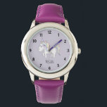 Reloj De Pulsera Chicas cortan unicornio mágico morado y nombran a<br><div class="desc">Este bonito y caprichoso diseño de vigilancia infantil forma parte de una colección de adorables doodles para ropa de chica, accesorios y decoración de guardería. Este diseño presenta un doodle pastel unicornio sobre un fondo morado y puede ser personalizado con el nombre de su chica. ¡Perfecto para el primer reloj...</div>
