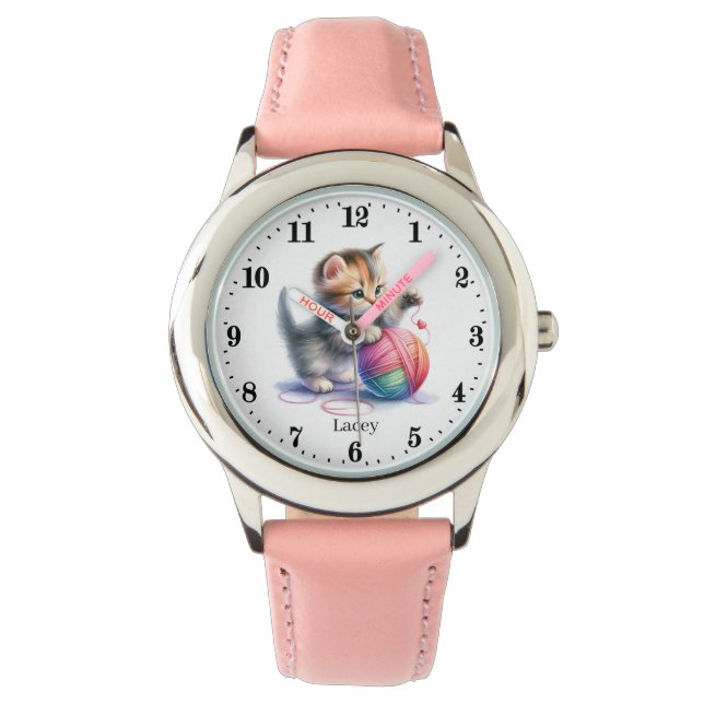 Reloj De Pulsera Chicas cortos hilados gato añadir nombre (Anverso)