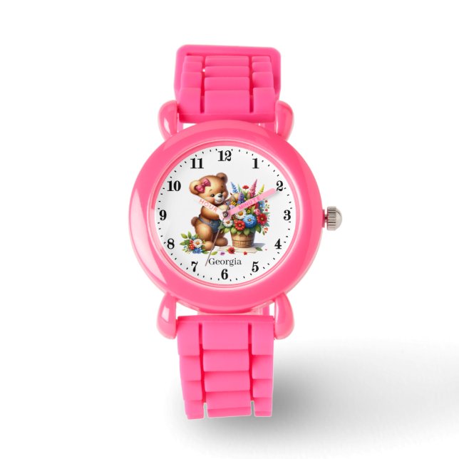Reloj De Pulsera Chicas cortos oso de flores agregar nombre (Anverso)