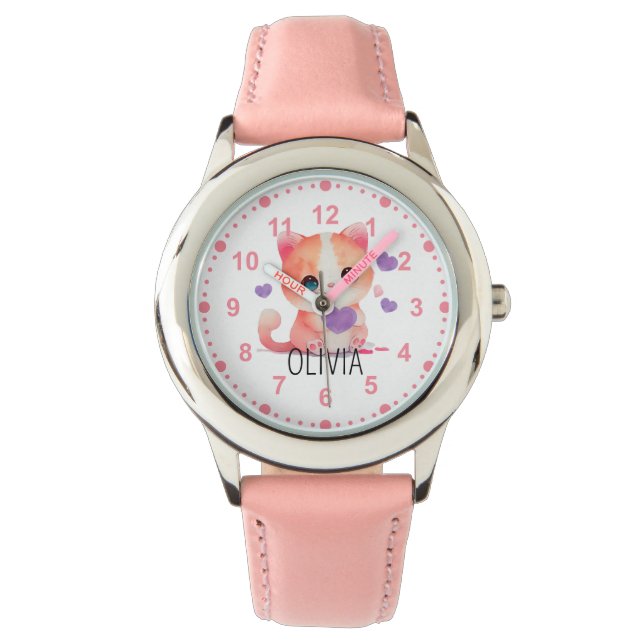 Reloj De Pulsera Chicas Cute Kitty Gatito Nombre Personalizado Rosa (Anverso)