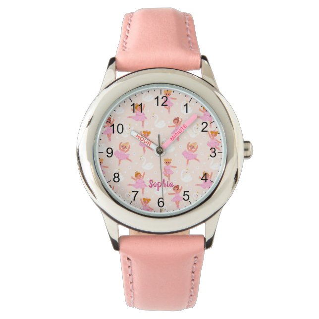 Reloj De Pulsera Chicas Cute Rosa Ballerina Nombre Personalizado (Anverso)