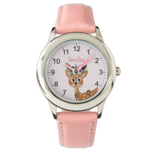 Reloj De Pulsera Chicas cuten ciervos florales rosados y flores ni