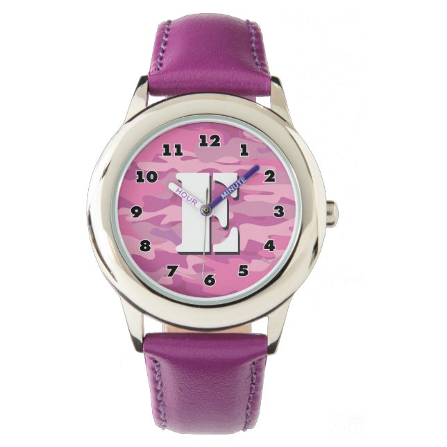 Reloj De Pulsera Chicas de camo rosa con monograma personalizado (Anverso)