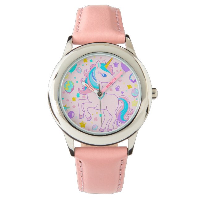 Reloj De Pulsera Chicas de cumpleaños de Pink Cute Rainbow unicorni (Anverso)
