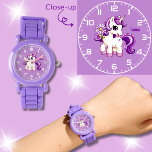 Reloj De Pulsera Chicas de flores moradas de unicornio
