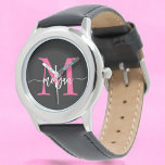 Reloj De Pulsera Chicas de guiones modernos de color negro rosado c<br><div class="desc">Acceder con elegancia usando nuestro Hot Pink Modern Script Chicas Monograma Observar! Este elegante reloj cuenta con una vibrante cara rosada caliente, personalizada con su nombre en un guión moderno de moda para un aspecto único y personalizado. Perfecto para añadir un toque de color a cualquier conjunto, combina la moda...</div>