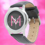 Reloj De Pulsera Chicas de guiones modernos de color negro rosado c<br><div class="desc">Acceder con elegancia usando nuestro Hot Pink Modern Script Chicas Monograma Observar! Este elegante reloj cuenta con una vibrante cara rosada caliente, personalizada con su nombre en un guión moderno de moda para un aspecto único y personalizado. Perfecto para añadir un toque de color a cualquier conjunto, combina la moda...</div>