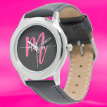 Reloj De Pulsera Chicas de guiones modernos de color negro rosado c<br><div class="desc">Acceder con elegancia usando nuestro Hot Pink Modern Script Chicas Monograma Observar! Este elegante reloj cuenta con una vibrante cara rosada caliente, personalizada con su nombre en un guión moderno de moda para un aspecto único y personalizado. Perfecto para añadir un toque de color a cualquier conjunto, combina la moda...</div>