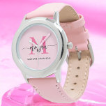 Reloj De Pulsera Chicas de guiones modernos de color rosa caliente<br><div class="desc">Acceder con elegancia usando nuestro Hot Pink Modern Script Chicas Monograma Observar! Este elegante reloj cuenta con una vibrante cara rosada caliente, personalizada con su nombre en un guión moderno de moda para un aspecto único y personalizado. Perfecto para añadir un toque de color a cualquier conjunto, combina la moda...</div>