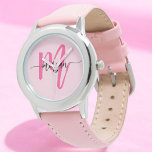 Reloj De Pulsera Chicas de guiones modernos de color rosa caliente<br><div class="desc">Acceder con elegancia usando nuestro Hot Pink Modern Script Chicas Monograma Observar! Este elegante reloj cuenta con una vibrante cara rosada caliente, personalizada con su nombre en un guión moderno de moda para un aspecto único y personalizado. Perfecto para añadir un toque de color a cualquier conjunto, combina la moda...</div>