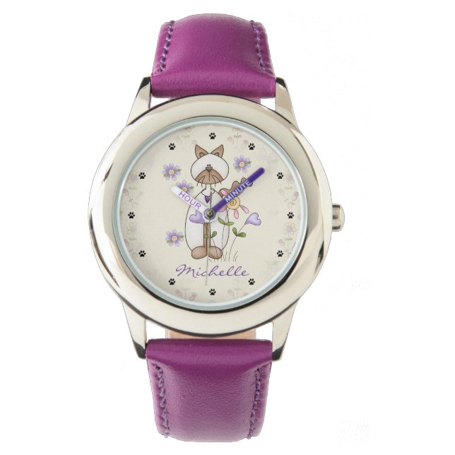 Reloj De Pulsera Chicas de impresión, flores y gatos personalizados (Anverso)
