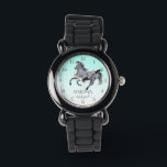 Reloj De Pulsera Chicas de poni de retrato de caballo vigilan a los<br><div class="desc">Chicas de pony de caballo miran a los niños galopando con fondo sombrío azul pápaloosa de plata de caballo gris turquesa,  hermoso regalo personalizado para los amantes de los caballos.</div>