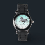 Reloj De Pulsera Chicas de poni de retrato de caballo vigilan a los<br><div class="desc">Chicas de pony de caballo miran a los niños galopando con fondo sombrío azul pápaloosa de plata de caballo gris turquesa,  hermoso regalo personalizado para los amantes de los caballos.</div>