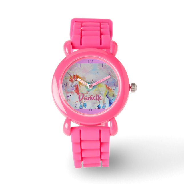 Reloj De Pulsera Chicas de Purpurina rosa de Unicornio arcoiris Nom (Anverso)