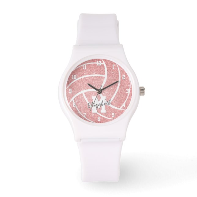 Reloj De Pulsera chicas de voleibol rosa con monograma (Anverso)