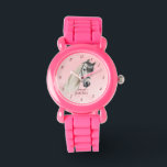 Reloj De Pulsera Chicas del pony de retrato de caballo vigilan a lo<br><div class="desc">Retrato de caballo vaquera ecuestre nombre personalizado reloj de niños,  regalo de los amantes del caballo,  regalo para chicas,  retrato de caballo blanco,  fondo rosa pastel</div>