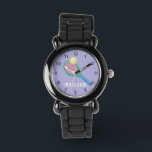 Reloj De Pulsera Chicas Deportistas Deportivos Cute Deportes Tenis<br><div class="desc">Este reloj de pulsera infantil es bonito y moderno y cuenta con una raqueta de tenis y una bola con fondo morado. El reloj deportivo puede ser personalizado con el nombre de tu chica,  y números claros,  el regalo perfecto para cualquier amante del deporte.</div>
