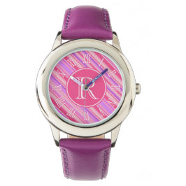Reloj De Pulsera Chicas en monograma de rayas rosadas y violetas