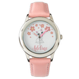 Reloj De Pulsera Chicas Gato blanco con flores Nombre personalizado