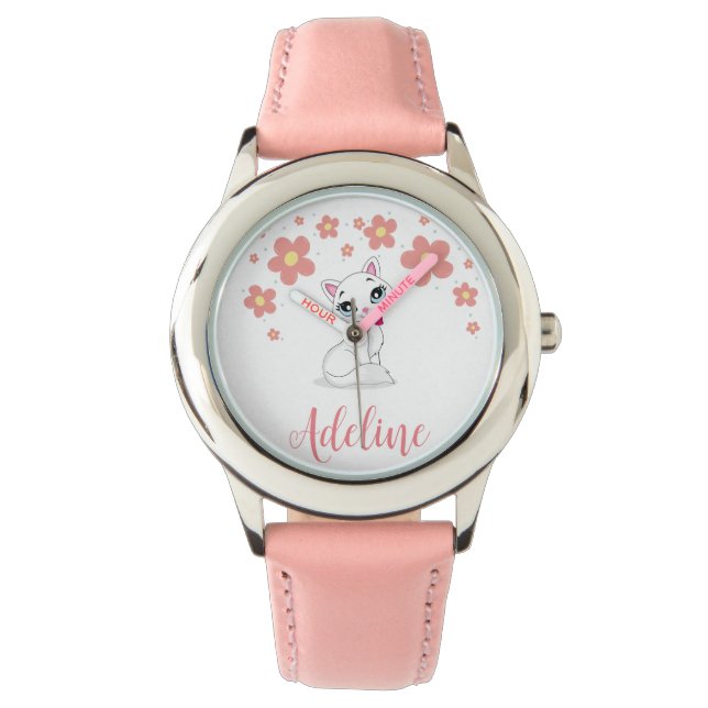 Reloj De Pulsera Chicas Gato blanco con flores Nombre personalizado (Anverso)