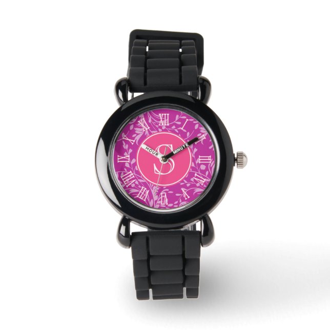 Reloj De Pulsera Chicas gráficos en monograma de damasco rosa y púr (Anverso)