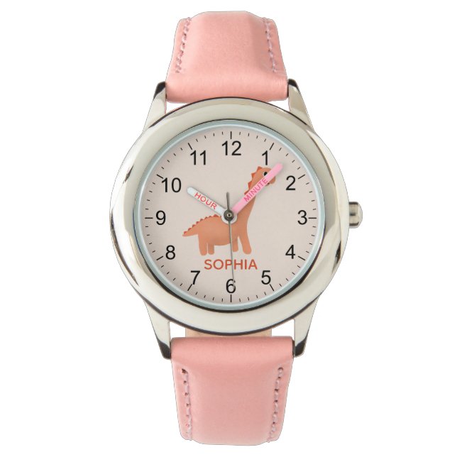 Reloj De Pulsera Chicas Guay y Dinosaurio y nombre rosados (Anverso)