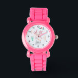 Reloj De Pulsera Chicas Niños Axolotl De Color Rosa<br><div class="desc">Este lindo reloj infantil cuenta con un ilustracion axolotl,  con flores,  plantas del río y olas,  y espacio para añadir el nombre de tus chicas. El regalo perfecto para un niño amante del salamandra.</div>