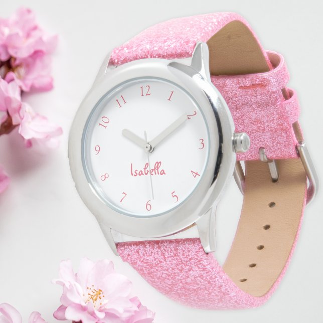 Reloj De Pulsera Chicas personalizados Nombre Purpurina Rosa Correa (Custom Girls Name Pink Glitter Strap Kids Watch)