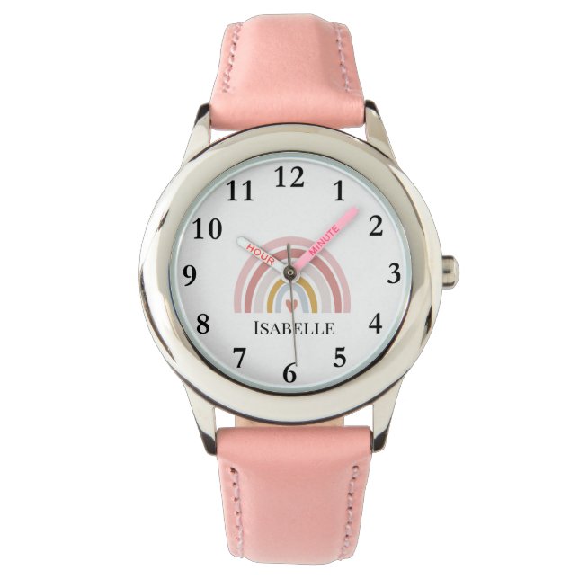 Reloj De Pulsera Chicas Pink Rainbow Pastel Heart Name Boho (Anverso)